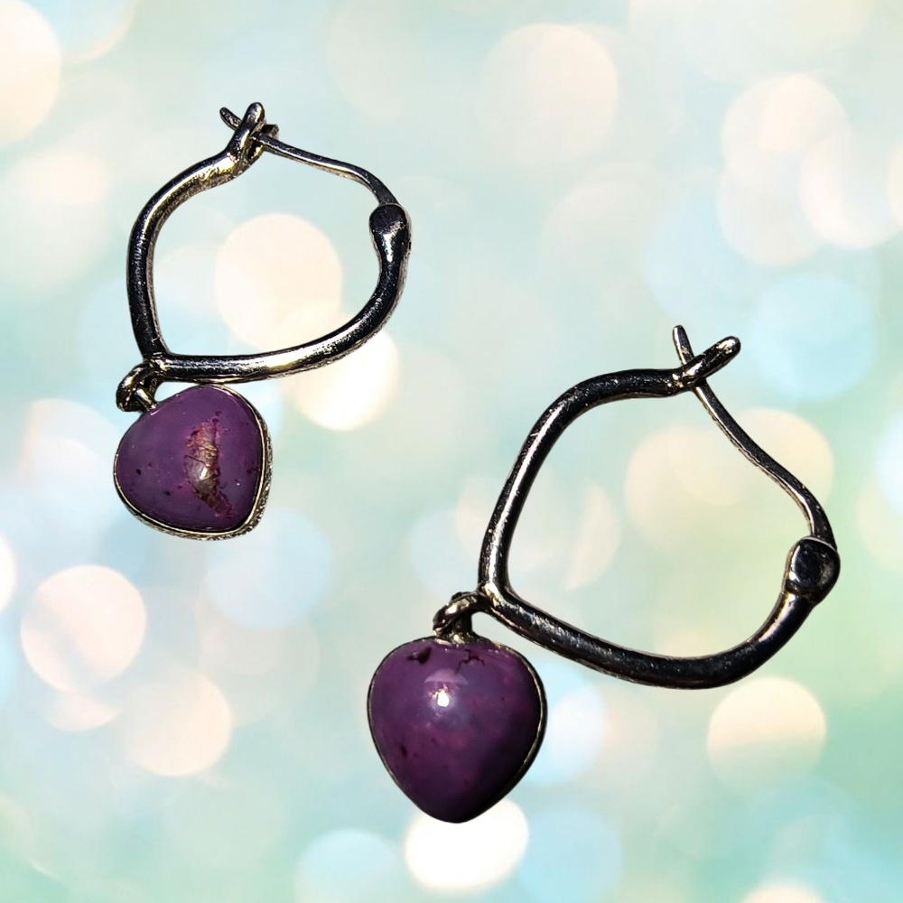 Sterling Silver Bezel-Set Purple Heart Drop Hoop Earrings